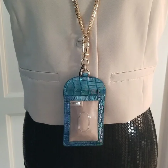 SOLD! NWT!Brahmin Stevie Blue Topaz Croc Embossed Leather ID Card Case Lanyard - Picture 10 of 15